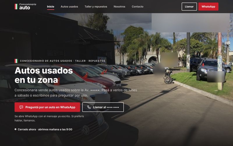 Vista previa de la web de concesionaria de autos usados (datos del negocio ocultos)