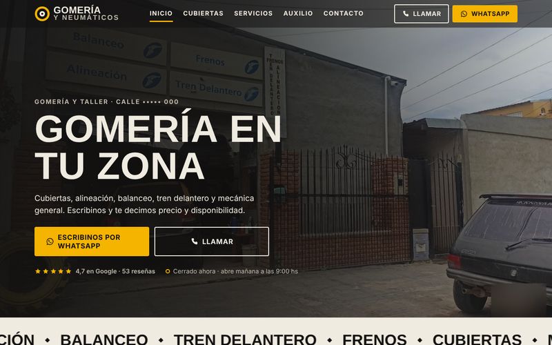 Vista previa de la web de gomería y neumáticos (datos del negocio ocultos)