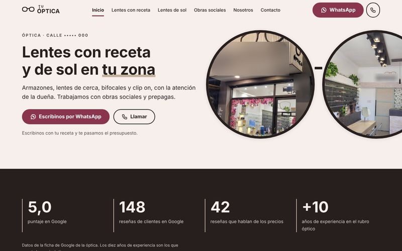 Vista previa de la web de óptica (datos del negocio ocultos)