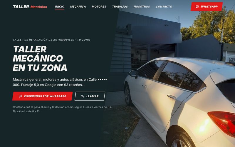Vista previa de la web de taller mecánico (datos del negocio ocultos)