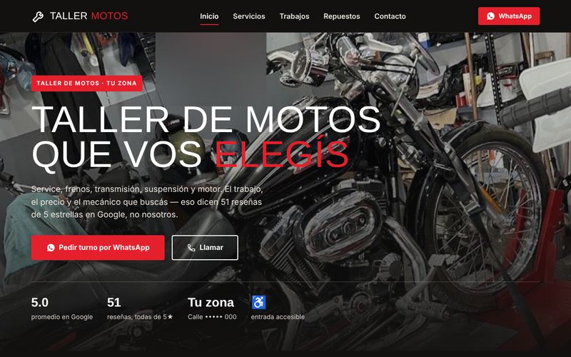 Vista previa de la web de taller de motos (datos del negocio ocultos)