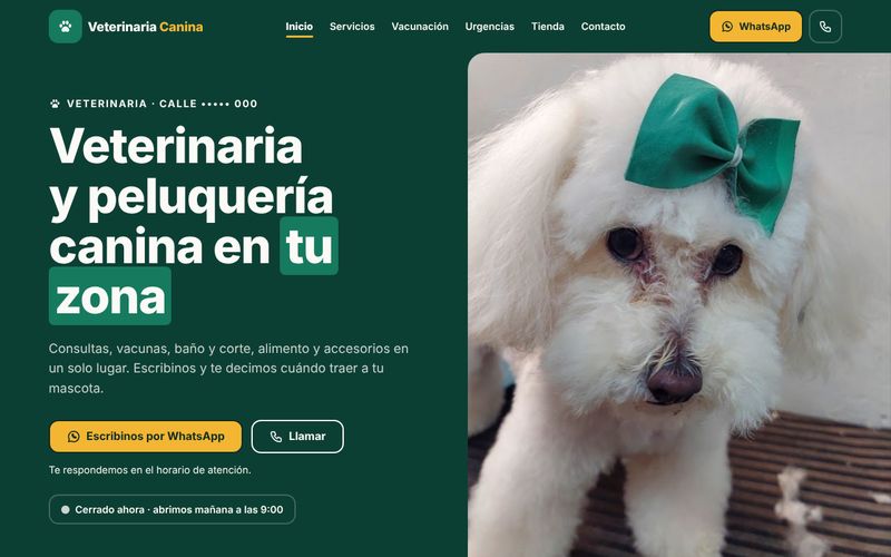Vista previa de la web de veterinaria y peluquería canina (datos del negocio ocultos)