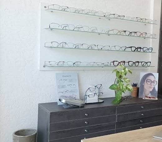 Armazones de todos los estilos sobre estantes de vidrio en la óptica, tu zona, con una planta y un mueble de cajones